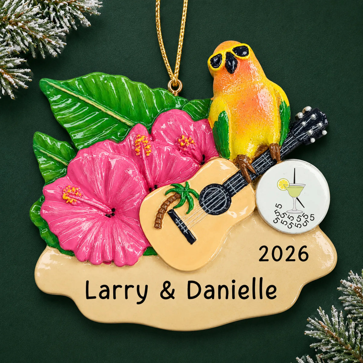 Personalized 5 O'Clock Somewhere parrot christmas ornament on a dark green pine background