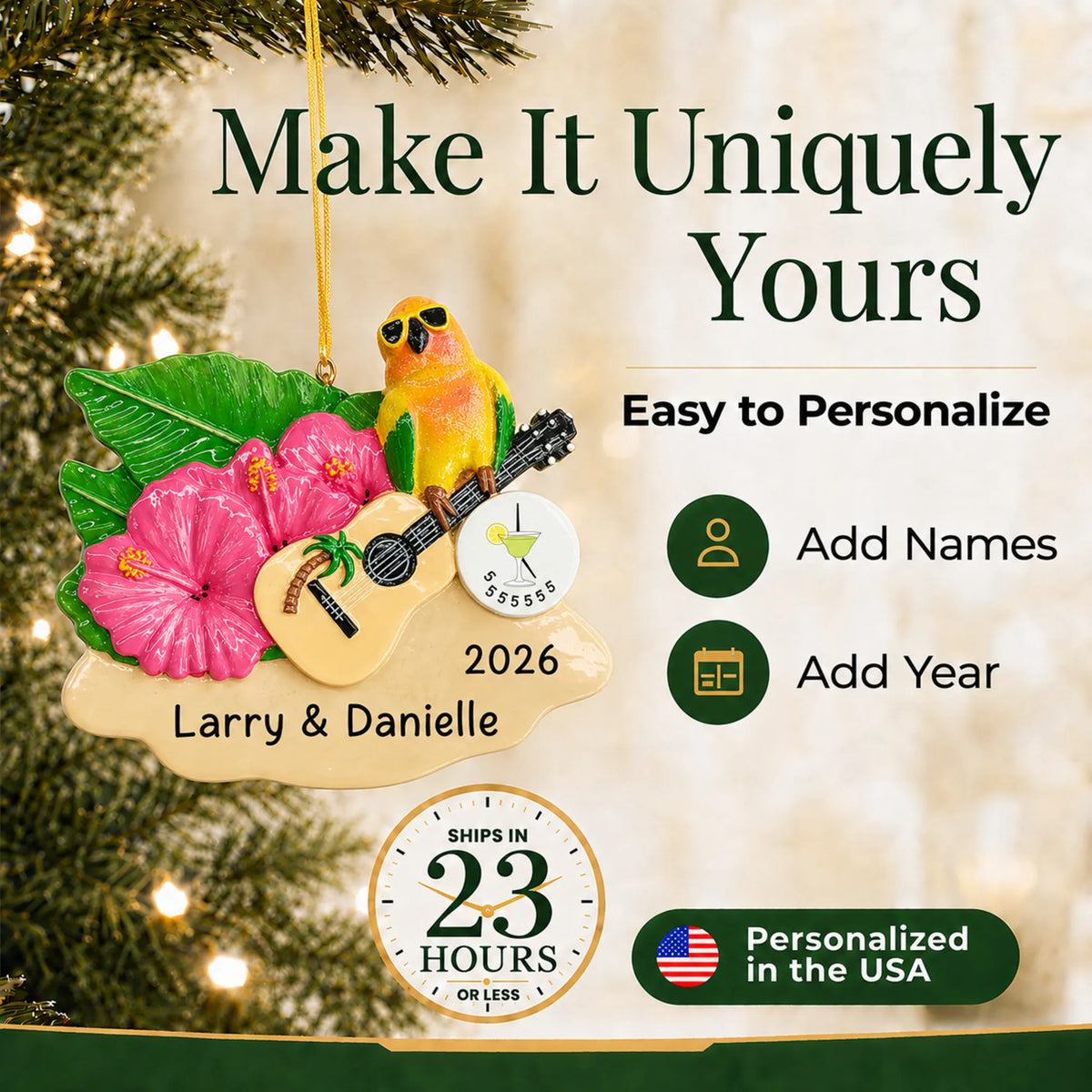 Make it yours: add names and year to the personalized 5 O'Clock Somewhere parrot christmas ornament