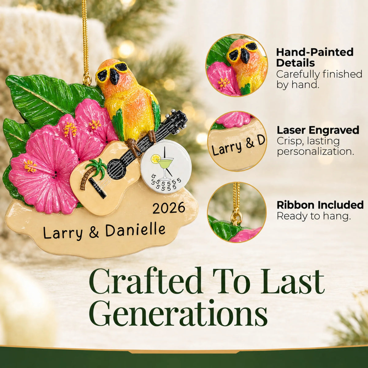 Hand-painted details and laser engraved personalization on the 5 O'Clock Somewhere parrot christmas ornament, ribbon included