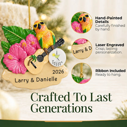 Hand-painted details and laser engraved personalization on the 5 O'Clock Somewhere parrot christmas ornament, ribbon included
