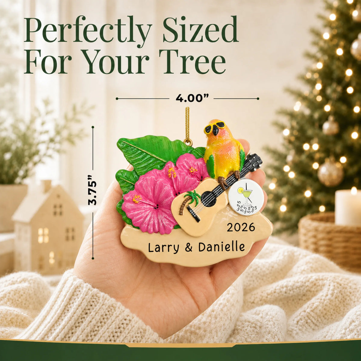Size guide: the personalized 5 O'Clock Somewhere parrot christmas ornament is 4.00 in wide by 3.75 in tall, shown in hand