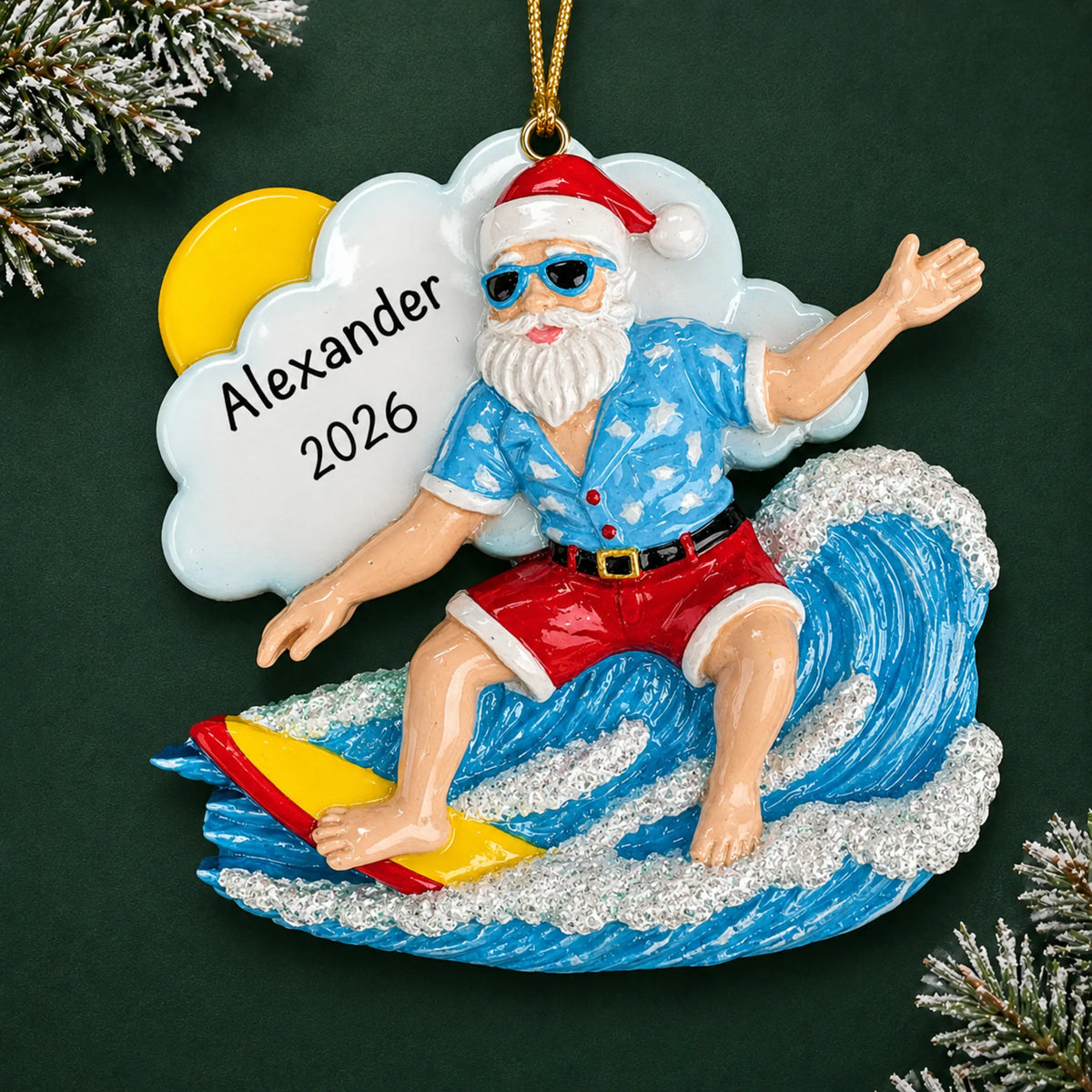 Personalized big wave surfing Santa christmas ornament, a surfing Santa riding a blue wave, on a dark green pine background