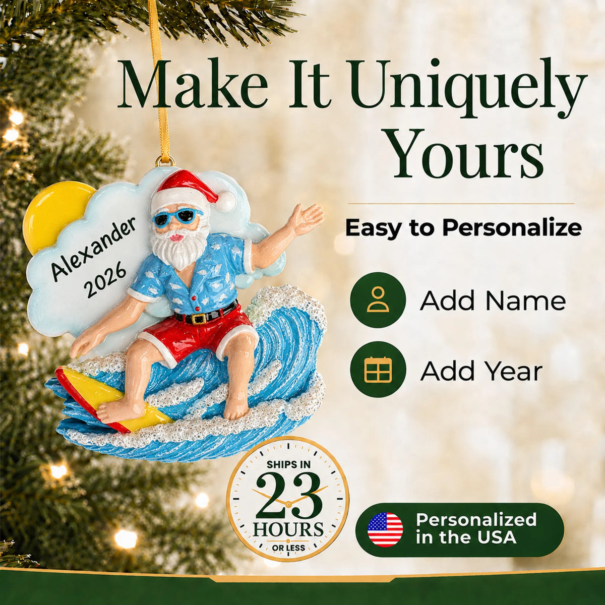 Make it yours: add name and year to the personalized big wave surfing Santa christmas ornament