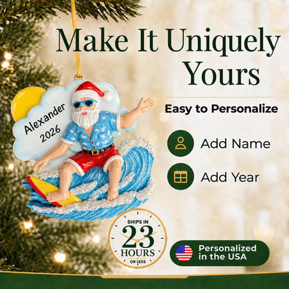 Make it yours: add name and year to the personalized big wave surfing Santa christmas ornament