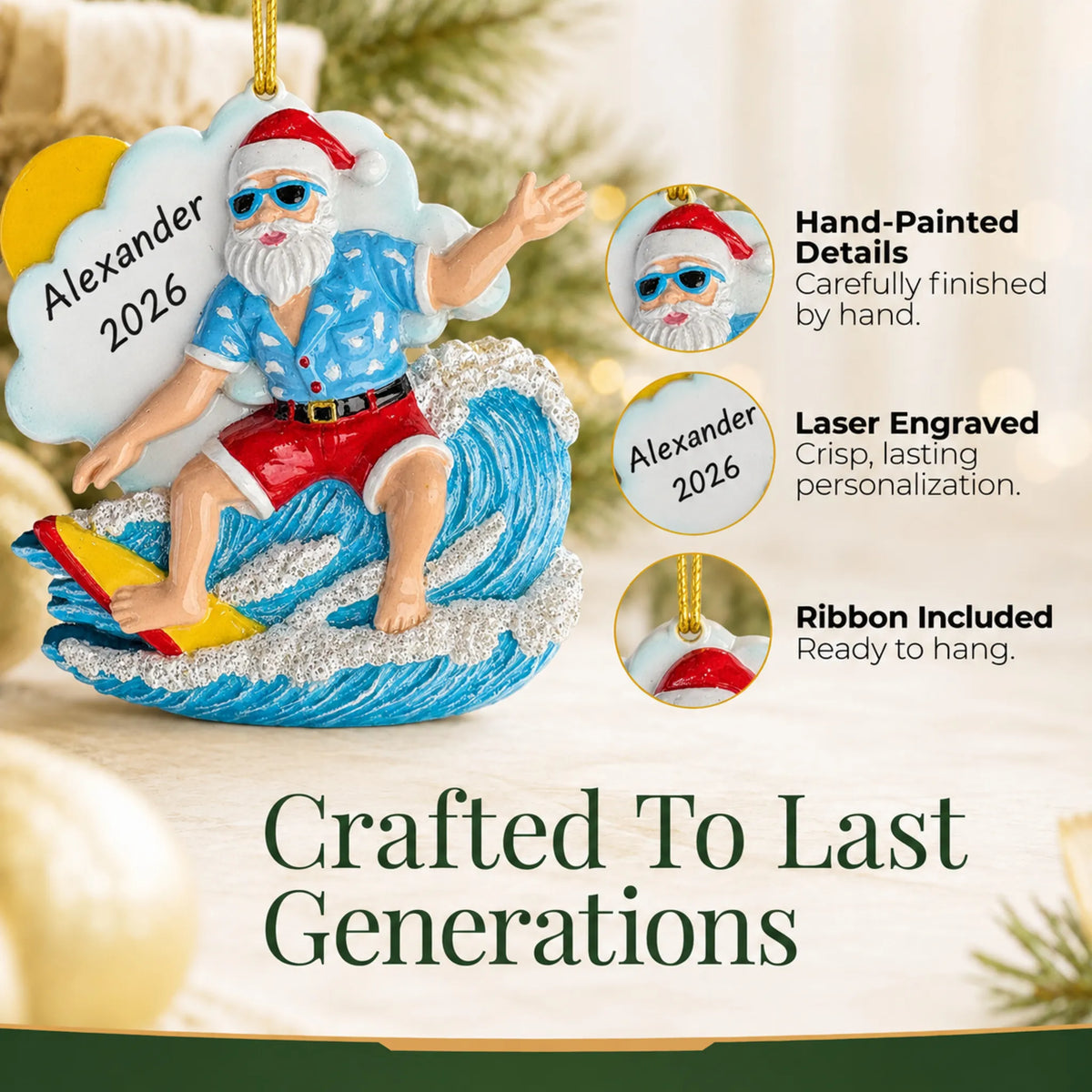 Hand-painted details and laser engraved personalization on the big wave surfing Santa christmas ornament, ribbon included