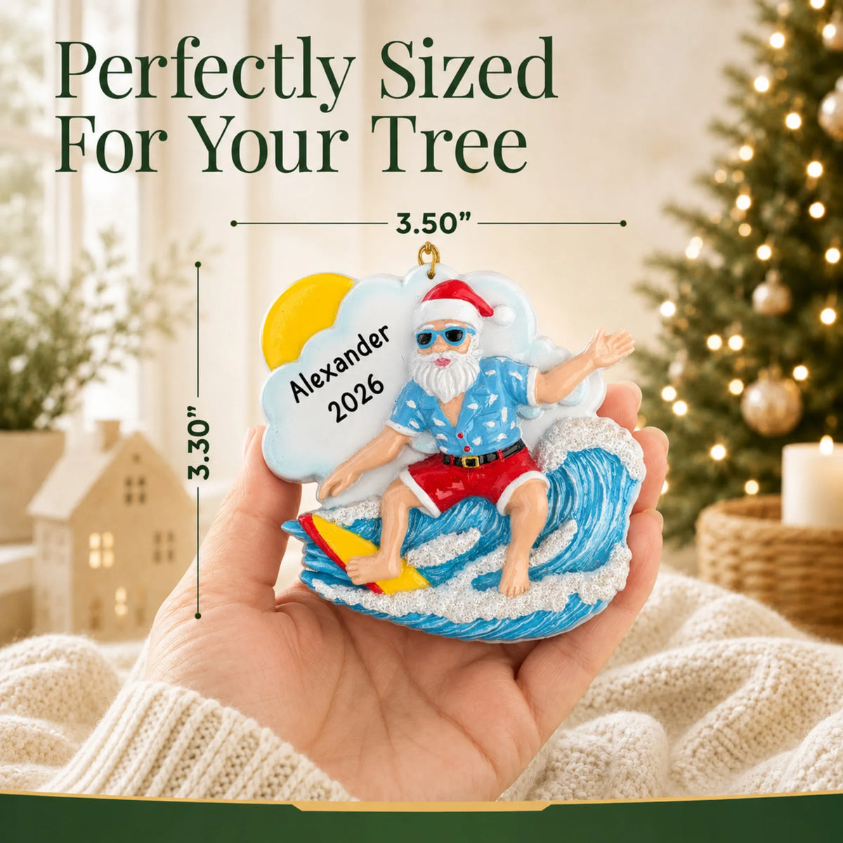 Size guide: the personalized big wave surfing Santa christmas ornament is 3.50 in wide by 3.30 in tall, shown in hand