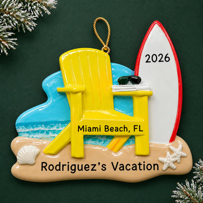 Personalized Adirondack chair and surfboard christmas ornament on a dark green pine background