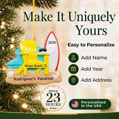 Make it yours: add name, year and location to the personalized Adirondack chair and surfboard christmas ornament