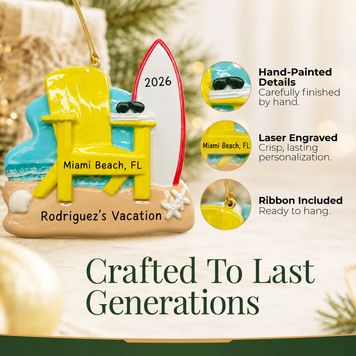 Hand-painted, laser engraved Adirondack chair and surfboard christmas ornament, ribbon included