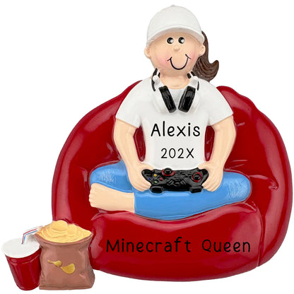 Girl gamer ornament with bean bag, controller, and headset, personalized with name and year