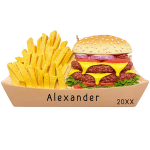 Burger and fries Christmas ornament, double cheeseburger and fries on a tray, custom name and year laser engraved
