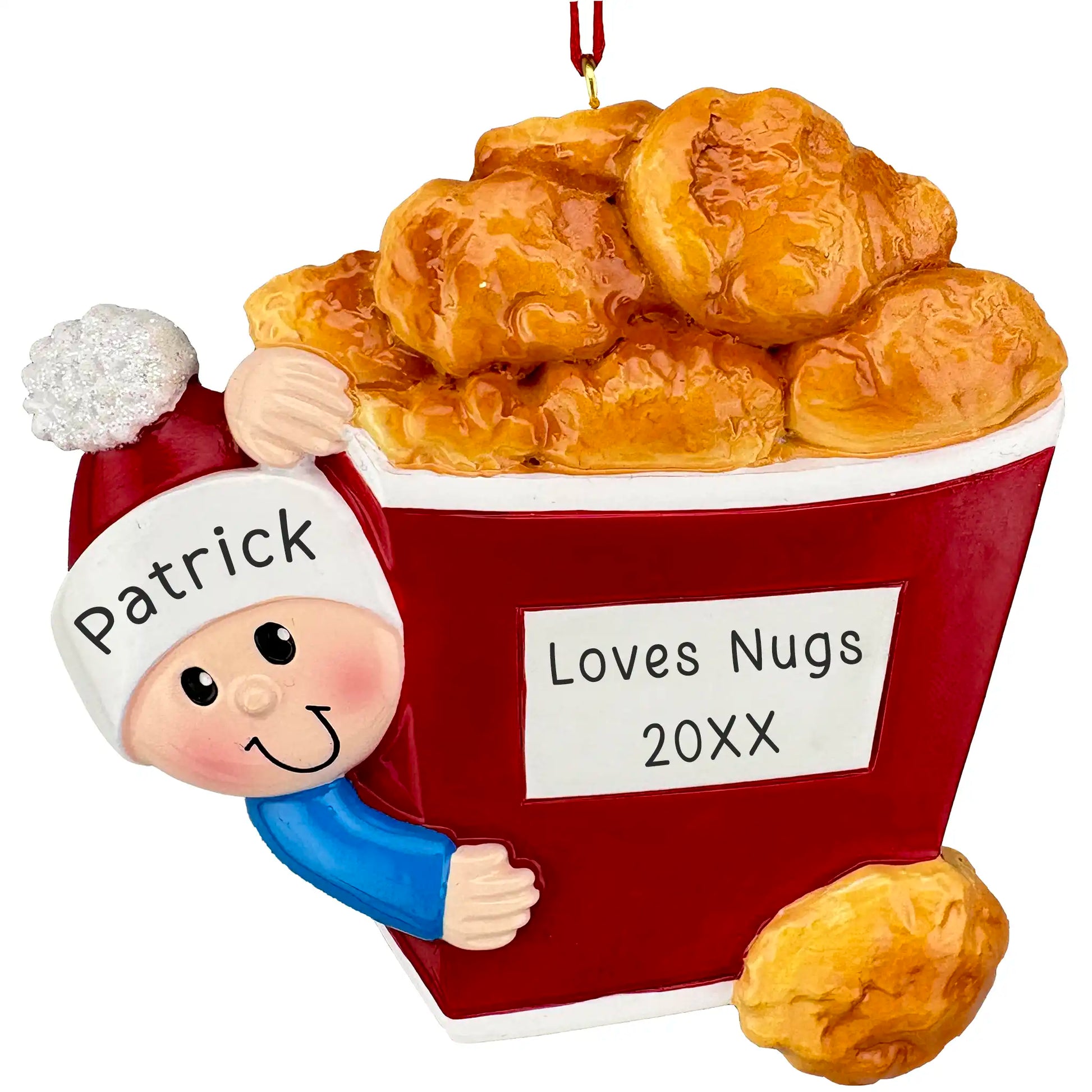 Personalized chicken nugget ornament with red box, smiling character, and custom name, phrase, and year