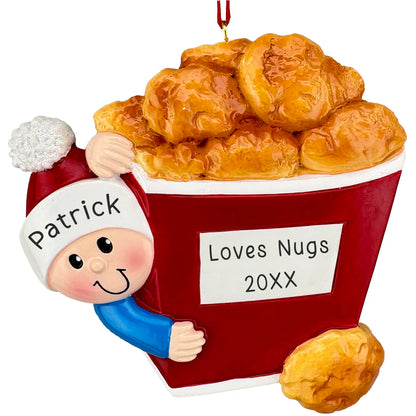 Personalized chicken nugget ornament with red box, smiling character, and custom name, phrase, and year