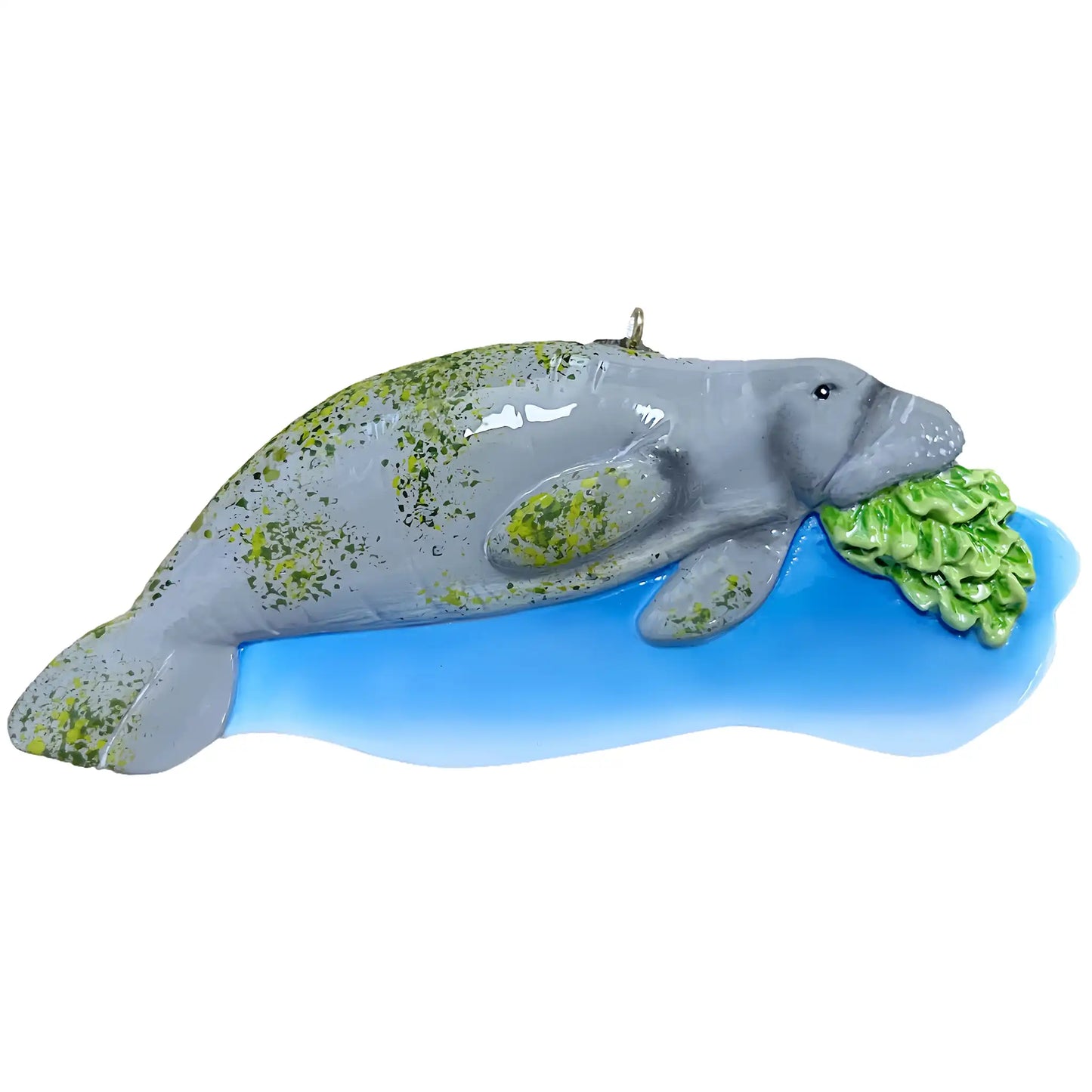 Custom manatee ornament with laser engraved name and year, gold hanging loop, for manatee lovers and wildlife fans

