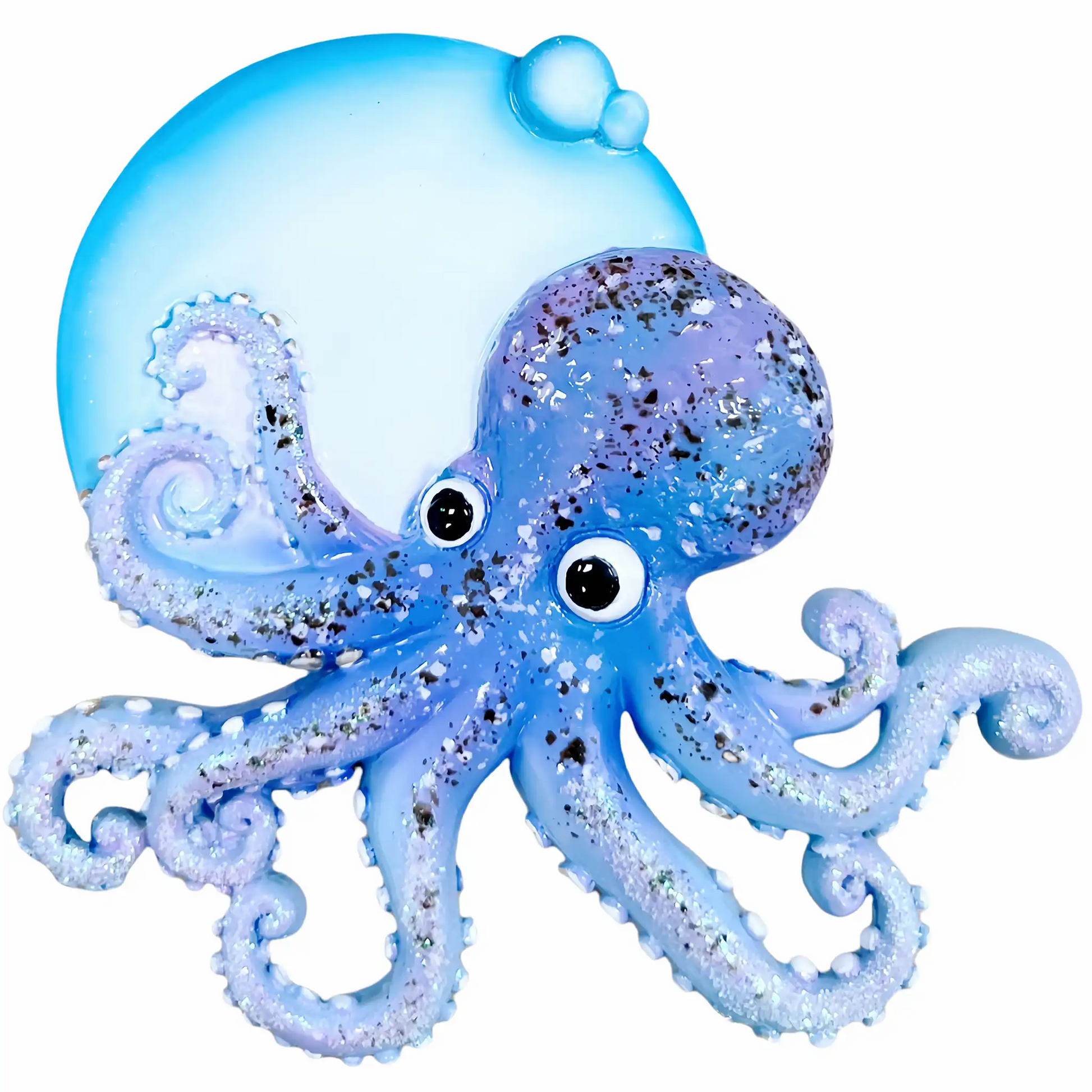 A personalized Christmas ornament of a glittery blue octopus with a large blue bubble for custom engraved names and messages.