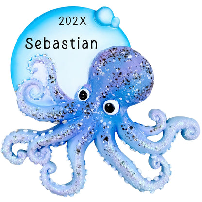 Personalized octopus ornament with glitter blue tentacles and bubbles, sea life Christmas decoration with custom name Sebastian and year 202X
