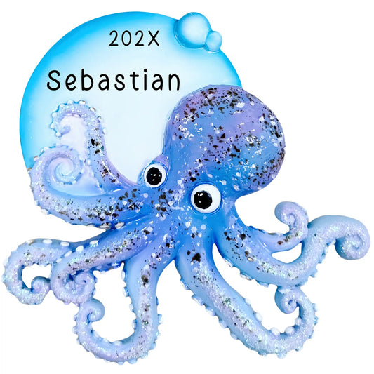 Personalized octopus ornament with glitter blue tentacles and bubbles, sea life Christmas decoration with custom name Sebastian and year 202X