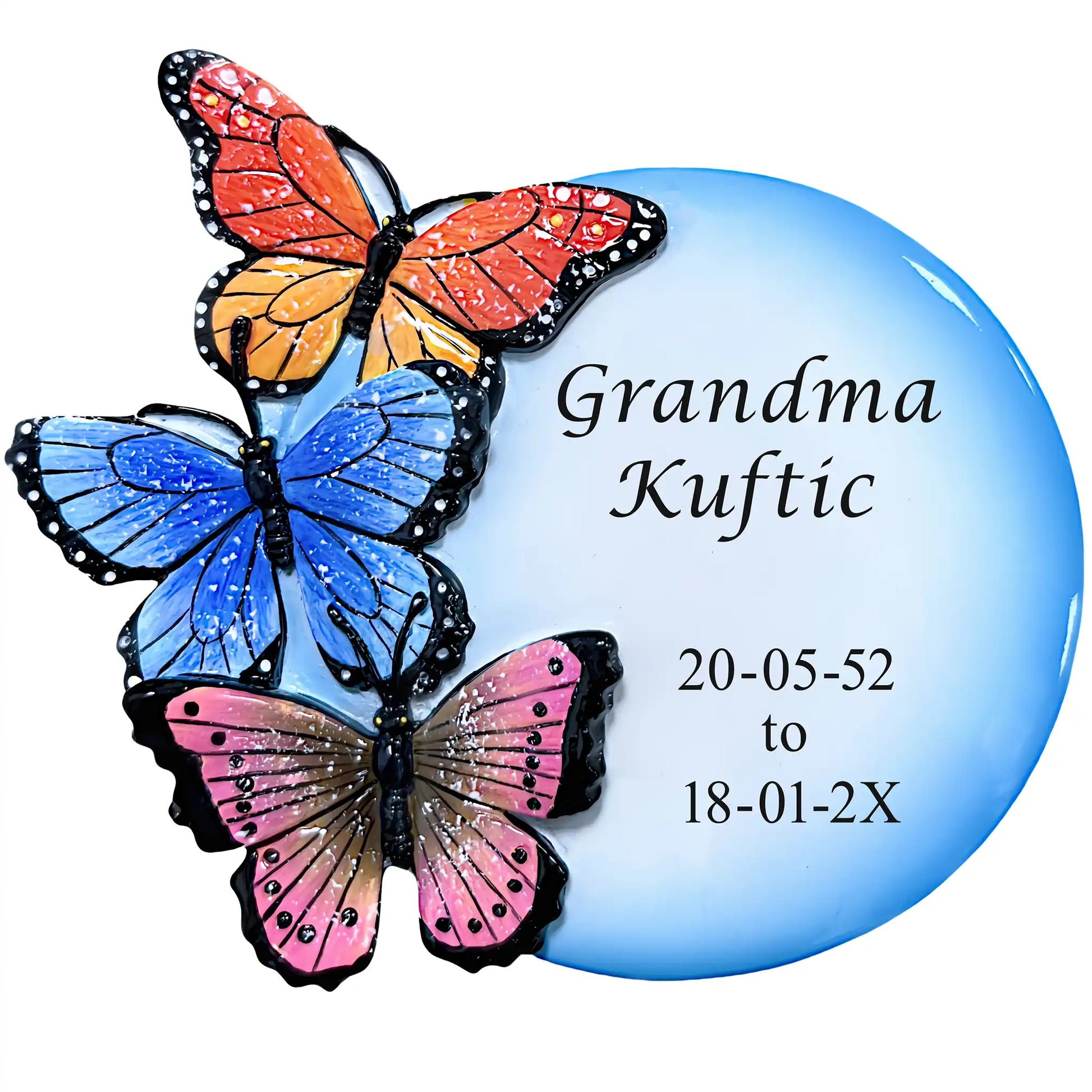 Personalized butterfly memorial Christmas ornament, three butterflies on a blue stone, engraved Grandma Kuftic with the dates