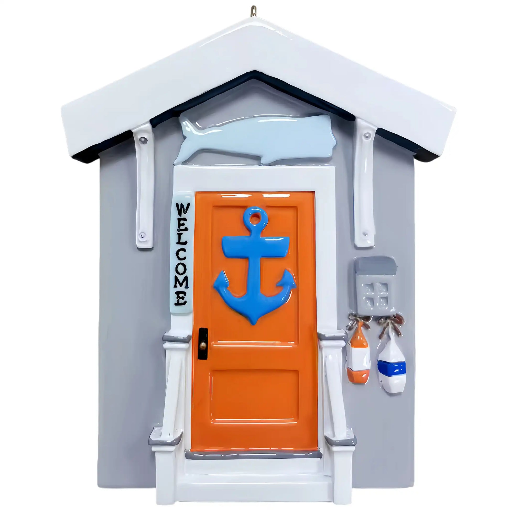 Lake house personalized Christmas ornament shown blank, coastal house door with anchor and welcome sign, ready to add two roof lines and a year