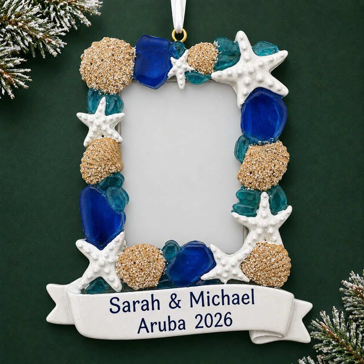Personalized beach seashells photo frame christmas ornament on a dark green pine background