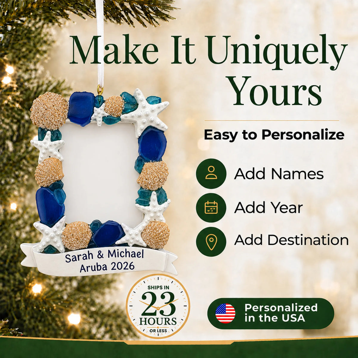 Make it yours: add names, year and destination to the personalized beach seashells photo frame christmas ornament