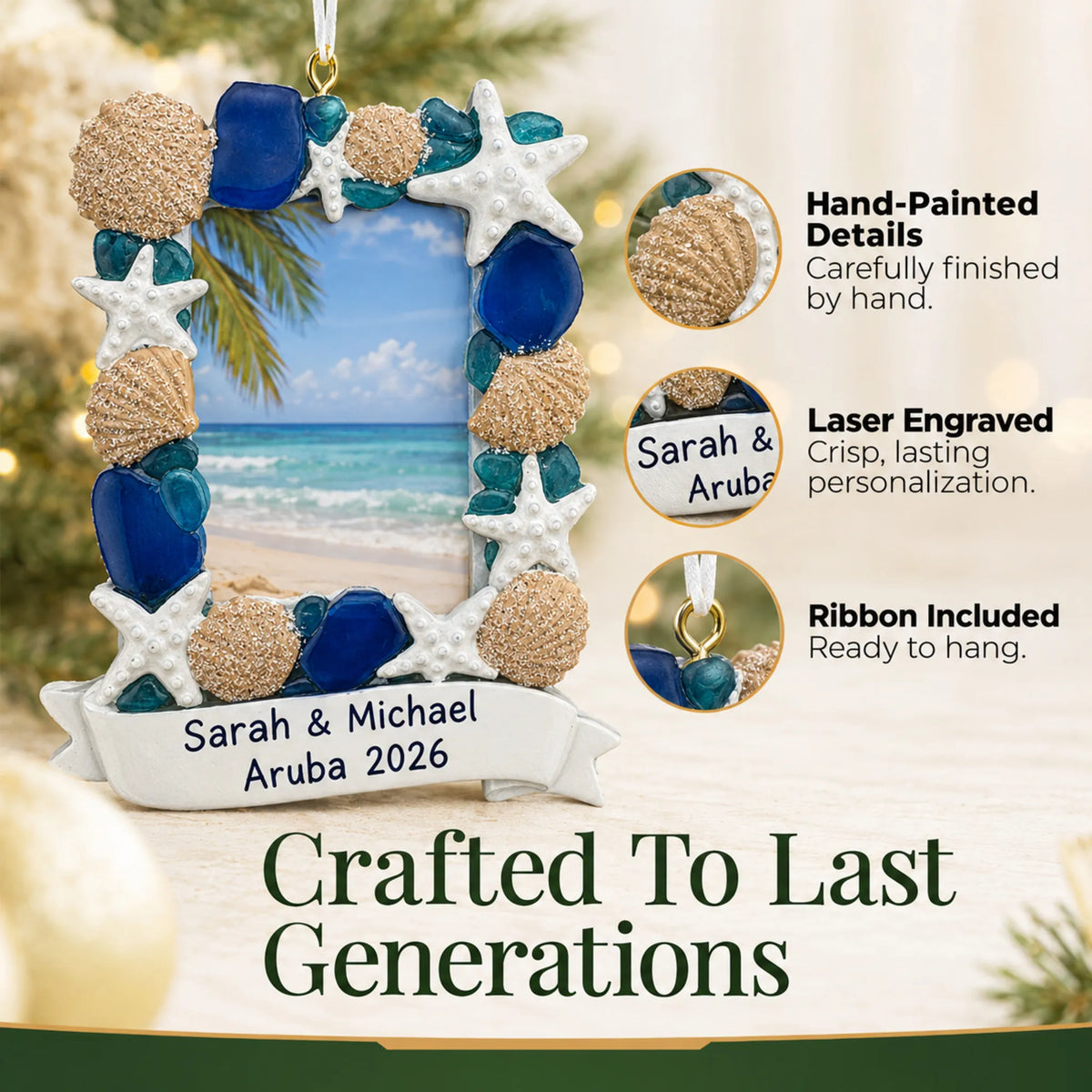 Hand-painted, laser engraved beach seashells photo frame christmas ornament, ribbon included