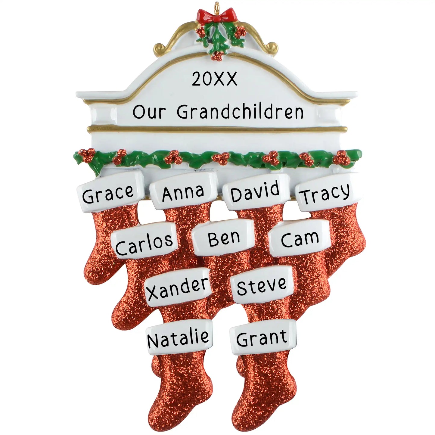 Personalized family ornament with 11 red glitter stockings and custom names, title, and year