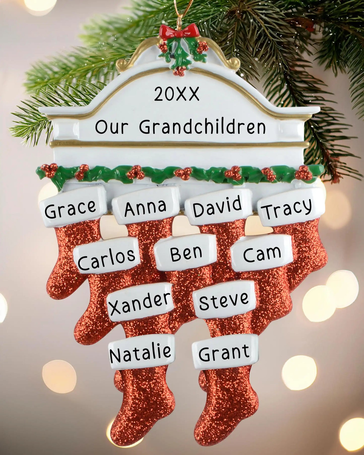 Adorno personalizado de la familia de 11 con medias rojas 