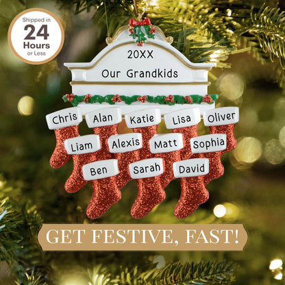 Red Stocking Family of 12 Personalized Ornament
