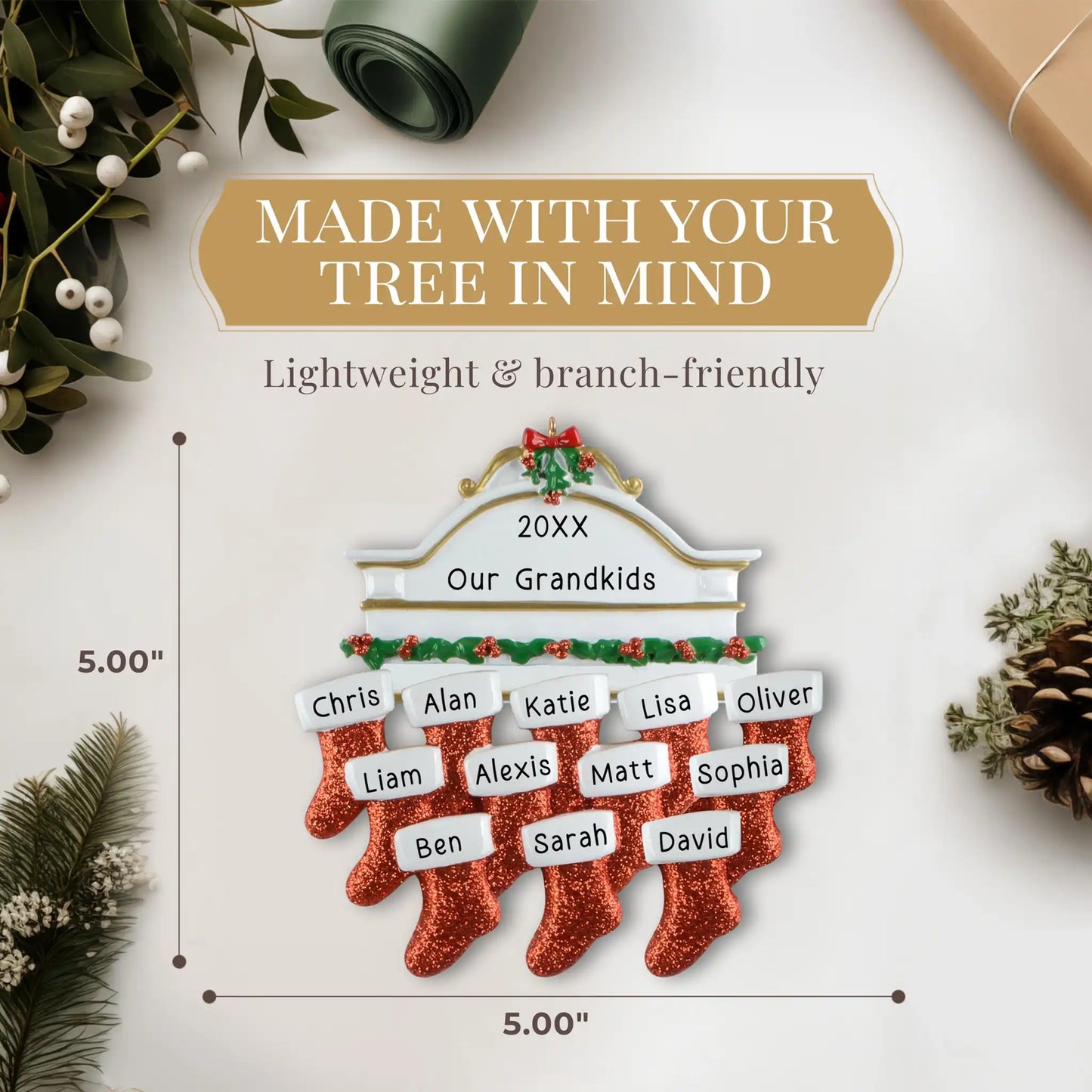 Red Stocking Family of 12 Personalized Ornament