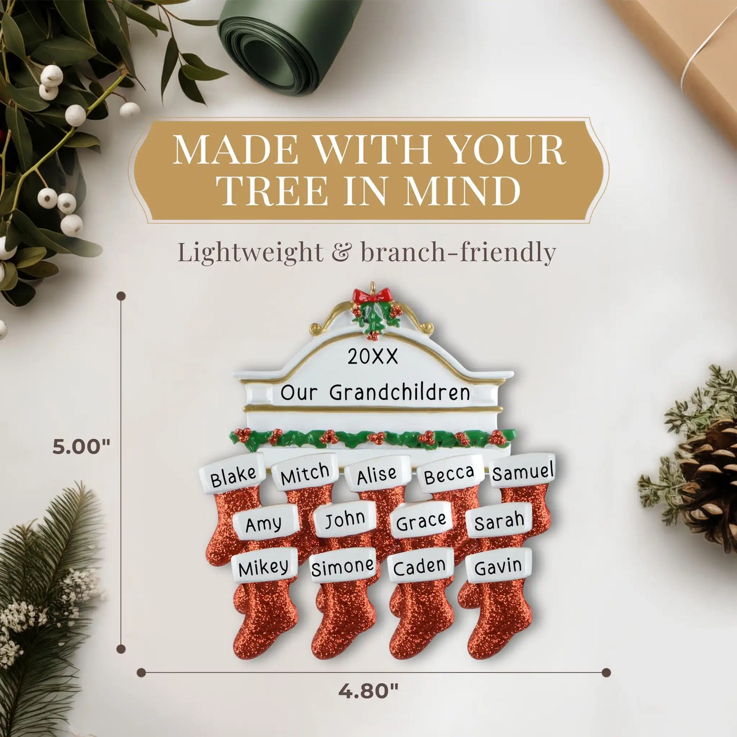 Red Stocking Family of 13 Personalized Ornament