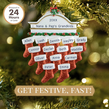 Red Stocking Family of 14 Personalized Ornament
