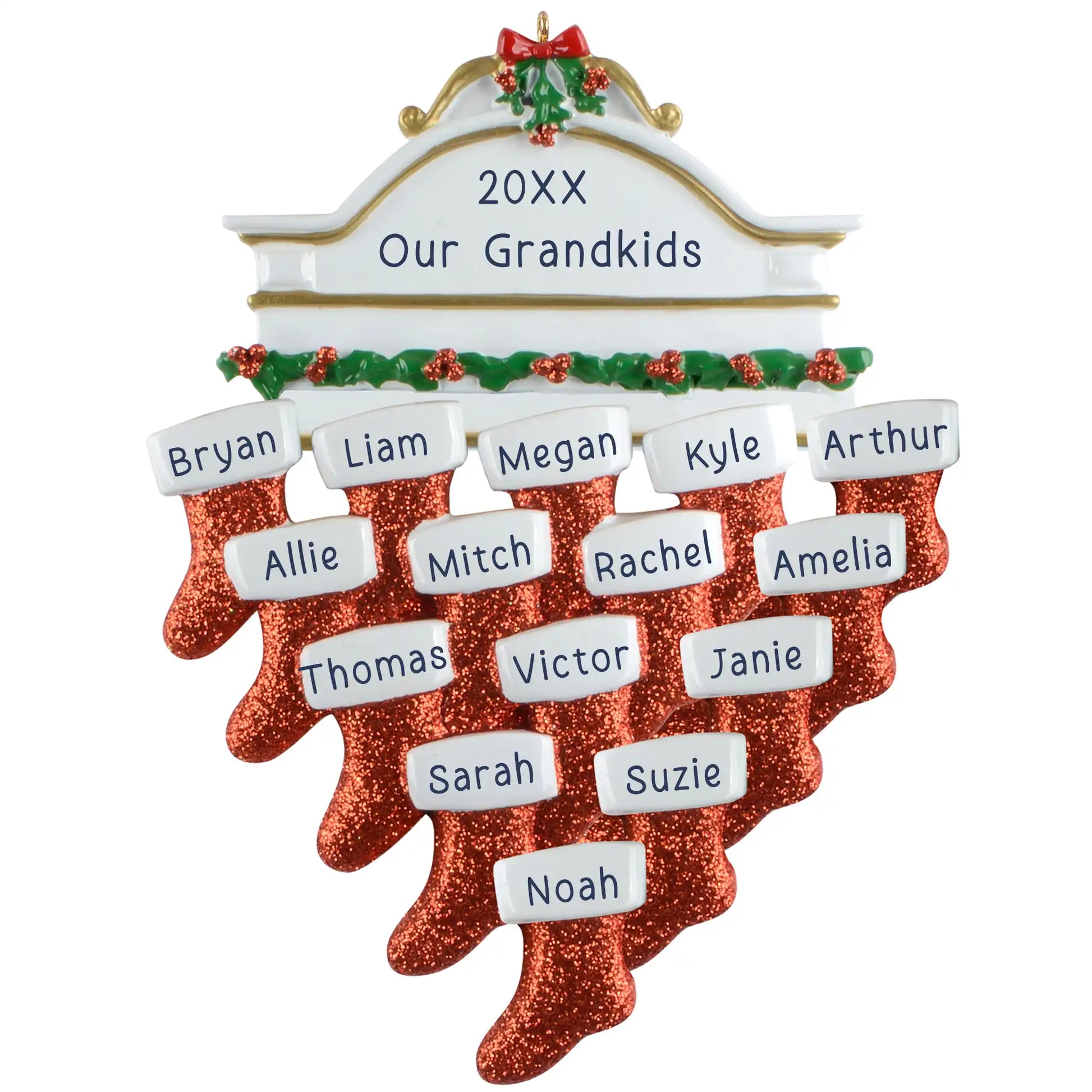 Personalized red stocking family ornament with 15 names, custom title, and glittered design