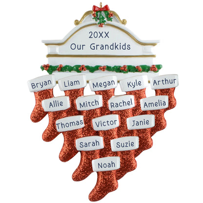 Personalized red stocking family ornament with 15 names, custom title, and glittered design
