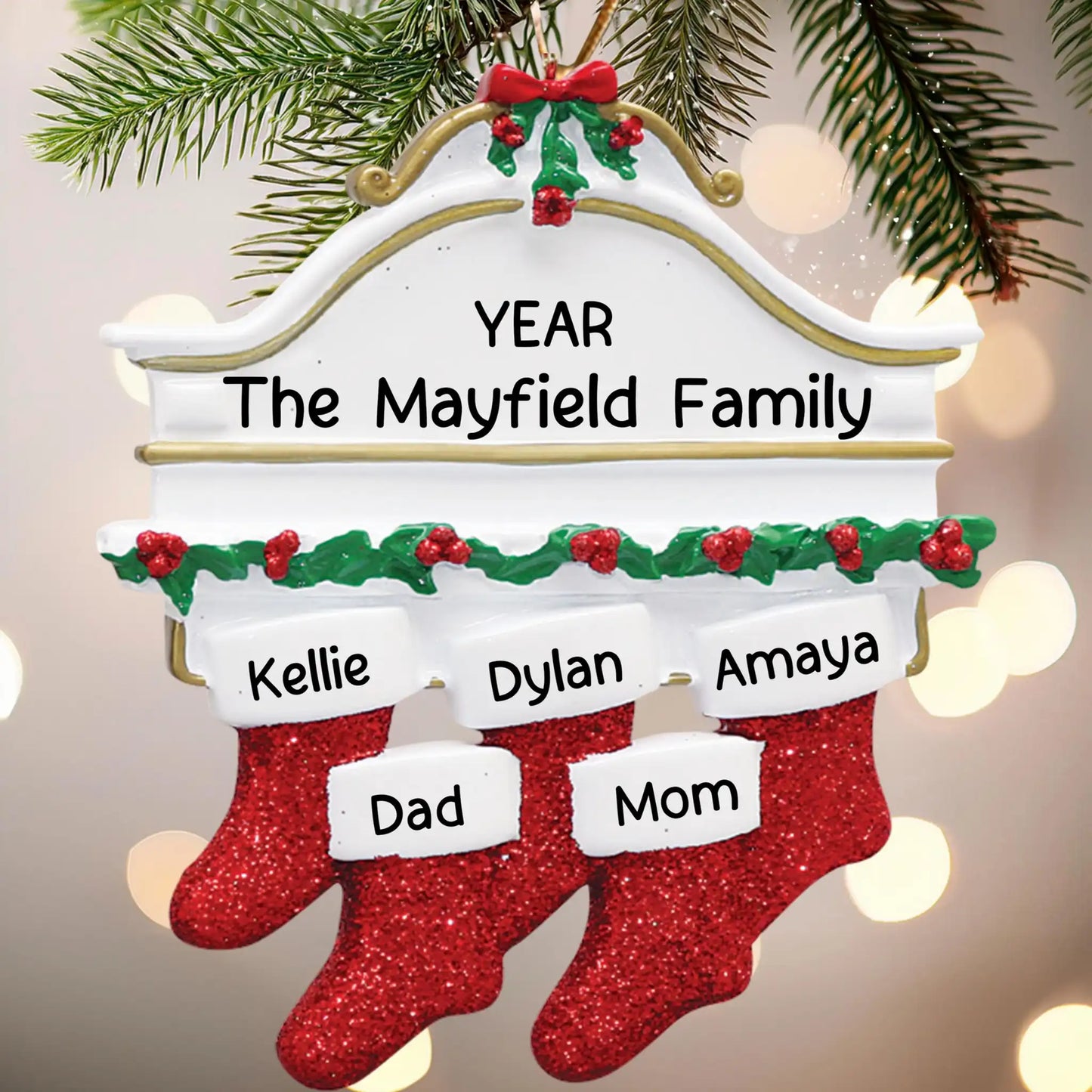 Red Stockings Family of 5 Christmas Ornament