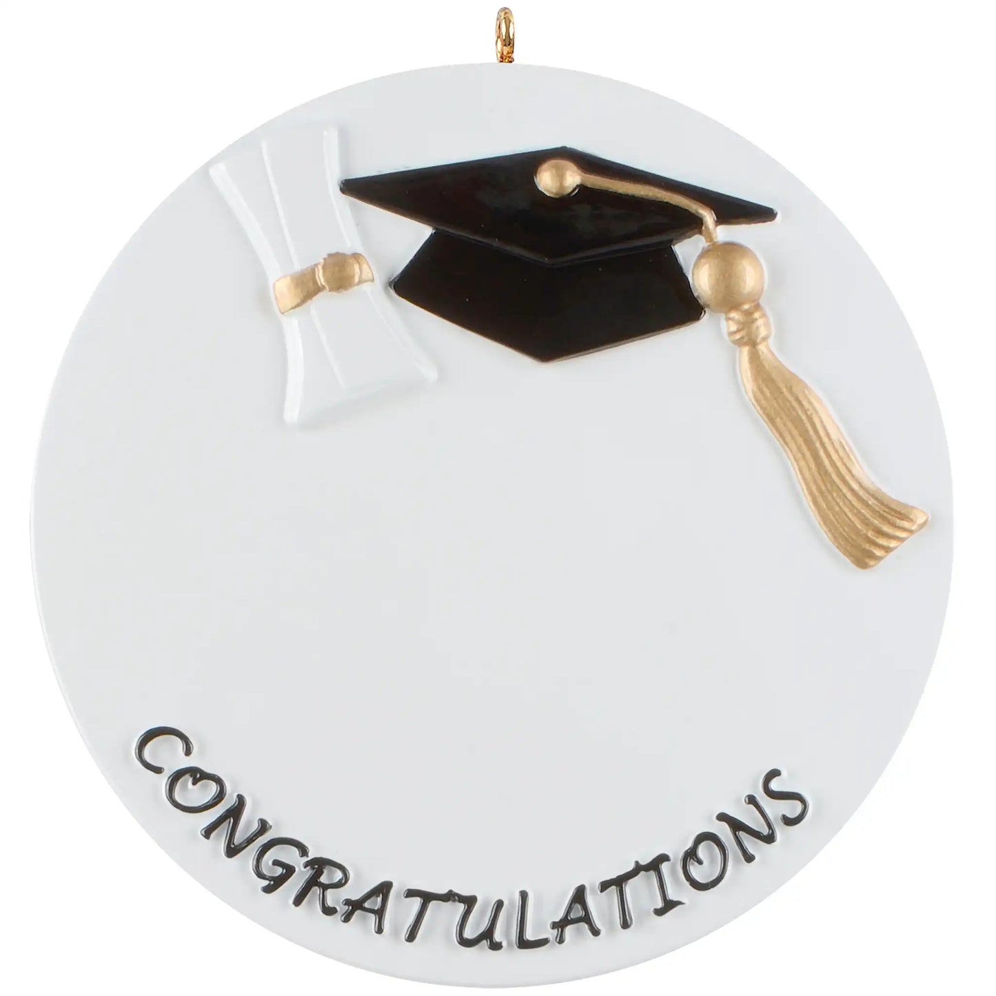 Graduation-themed ornament with a cap and tassel on a white background
