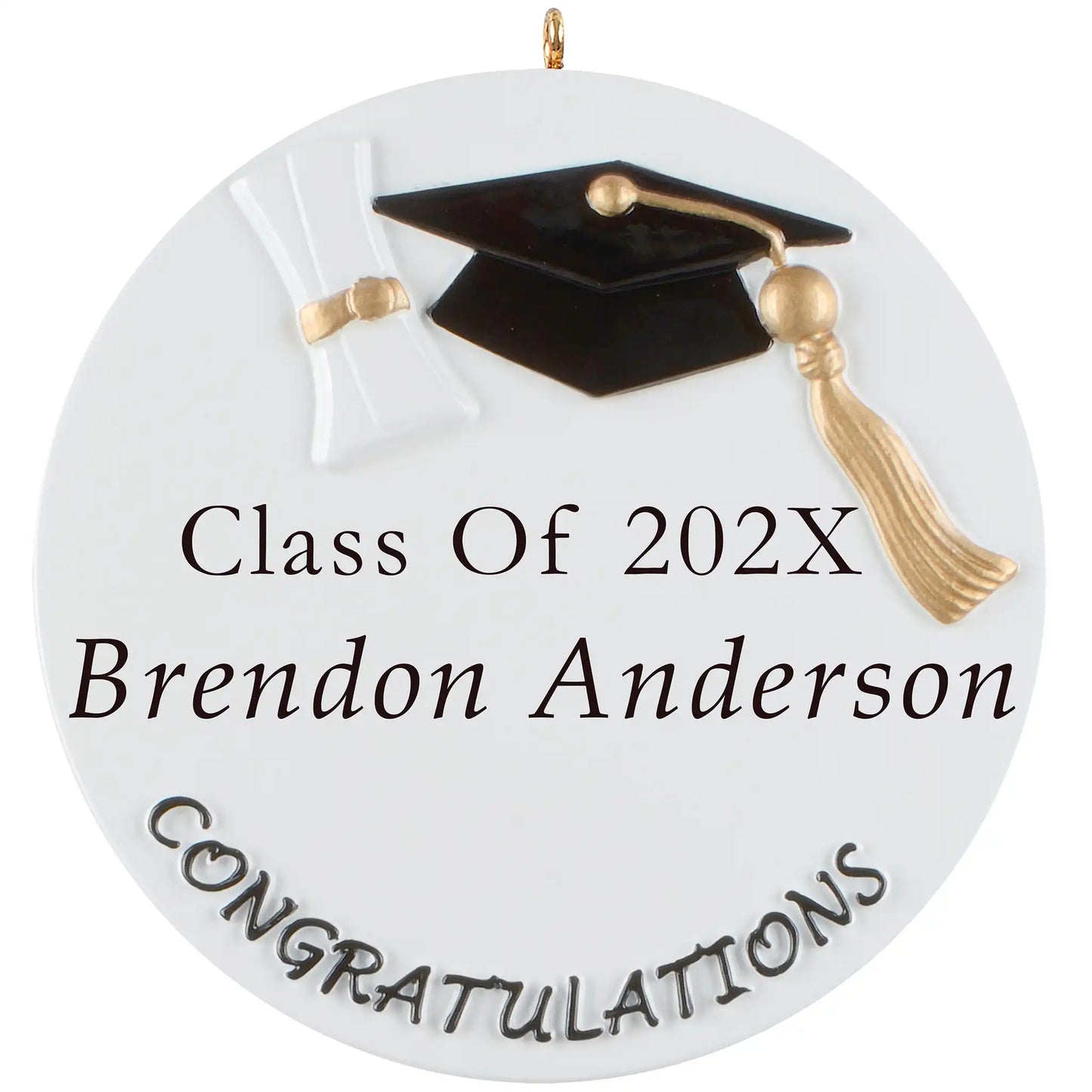 Graduation ornament with black cap, golden tassel, diploma, and space to personalize with name and year