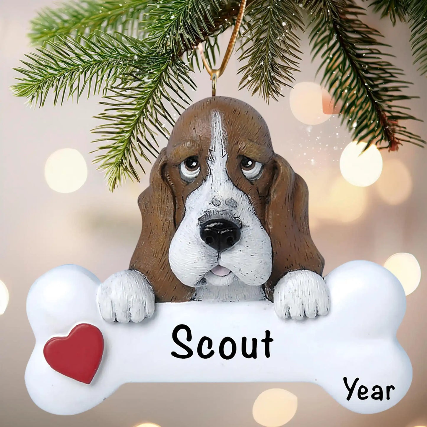 Adorno navideño con forma de hueso de perro Basset Hound 