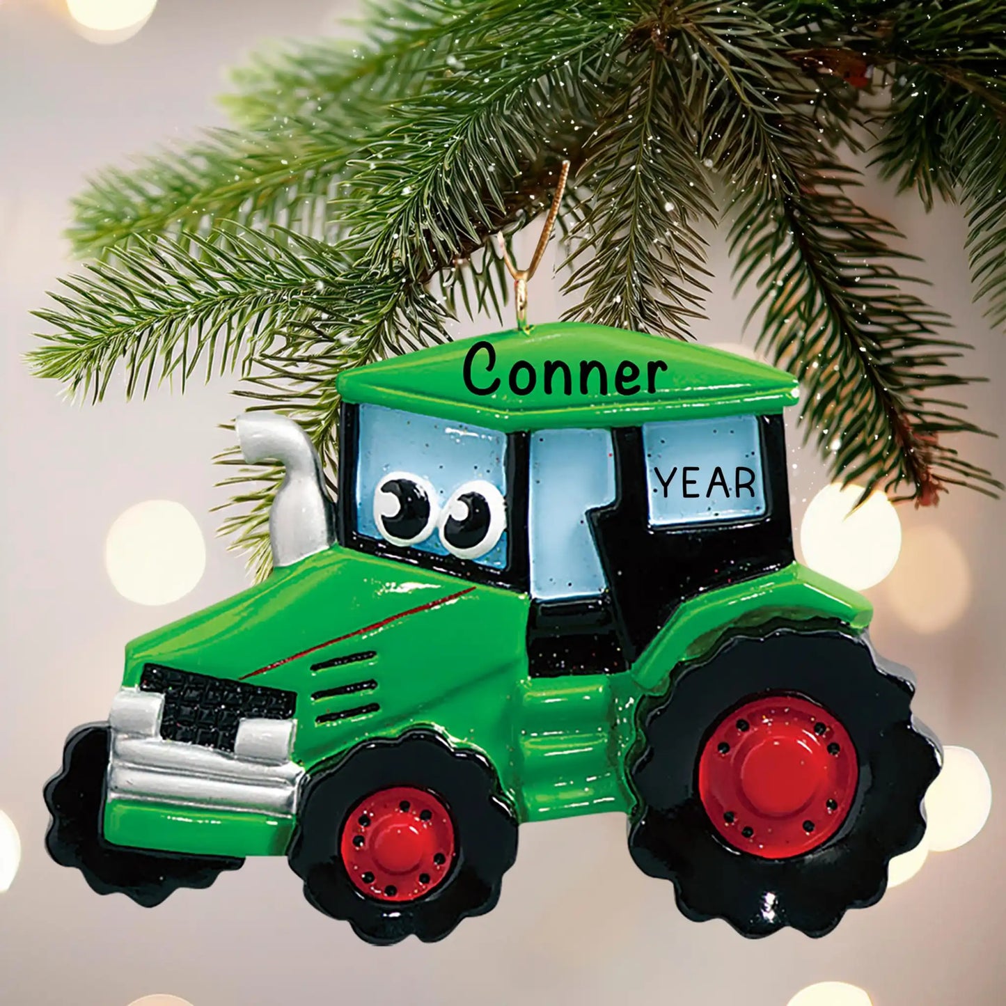 Adorno navideño de juguete de tractor verde 