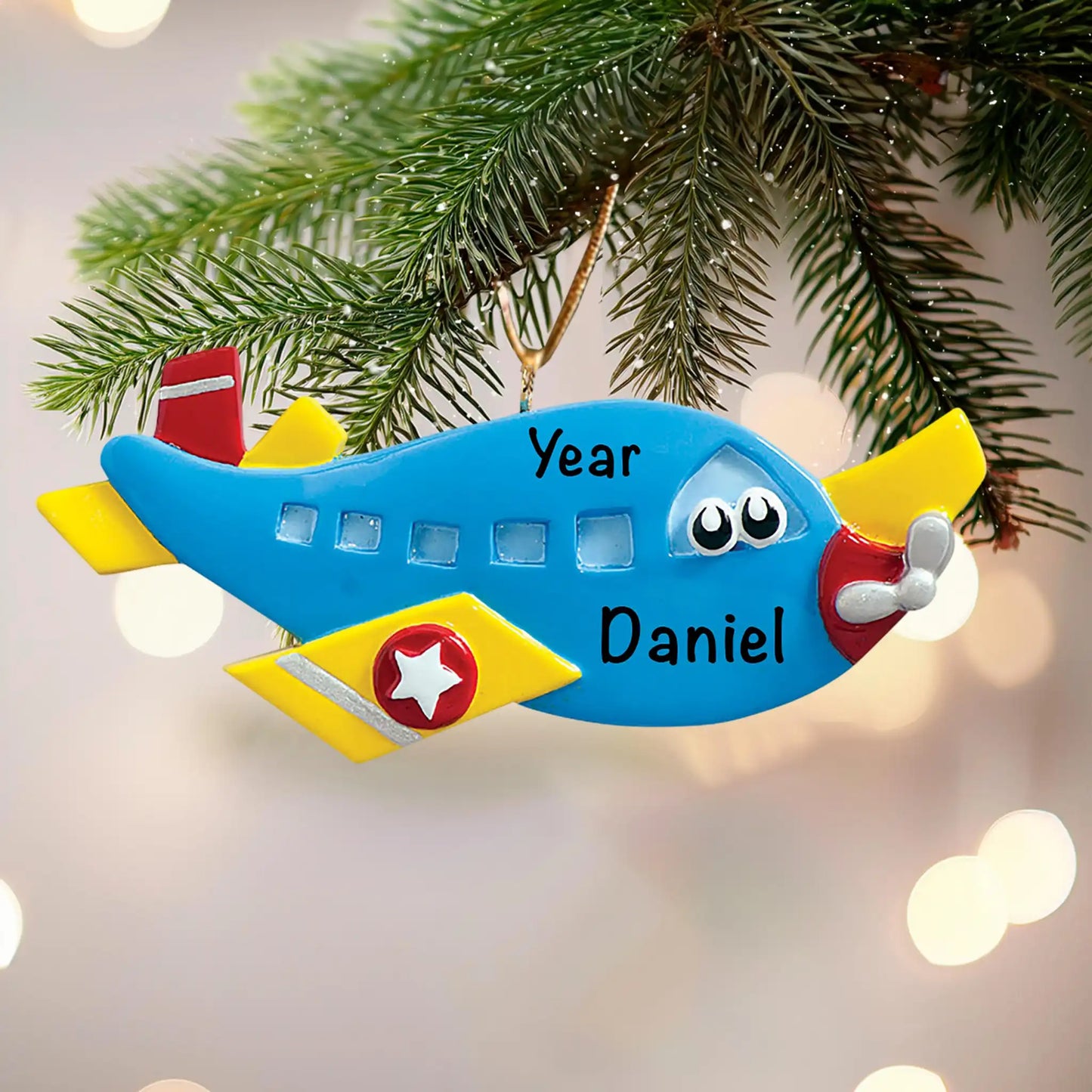 Adorno navideño de avión azul 