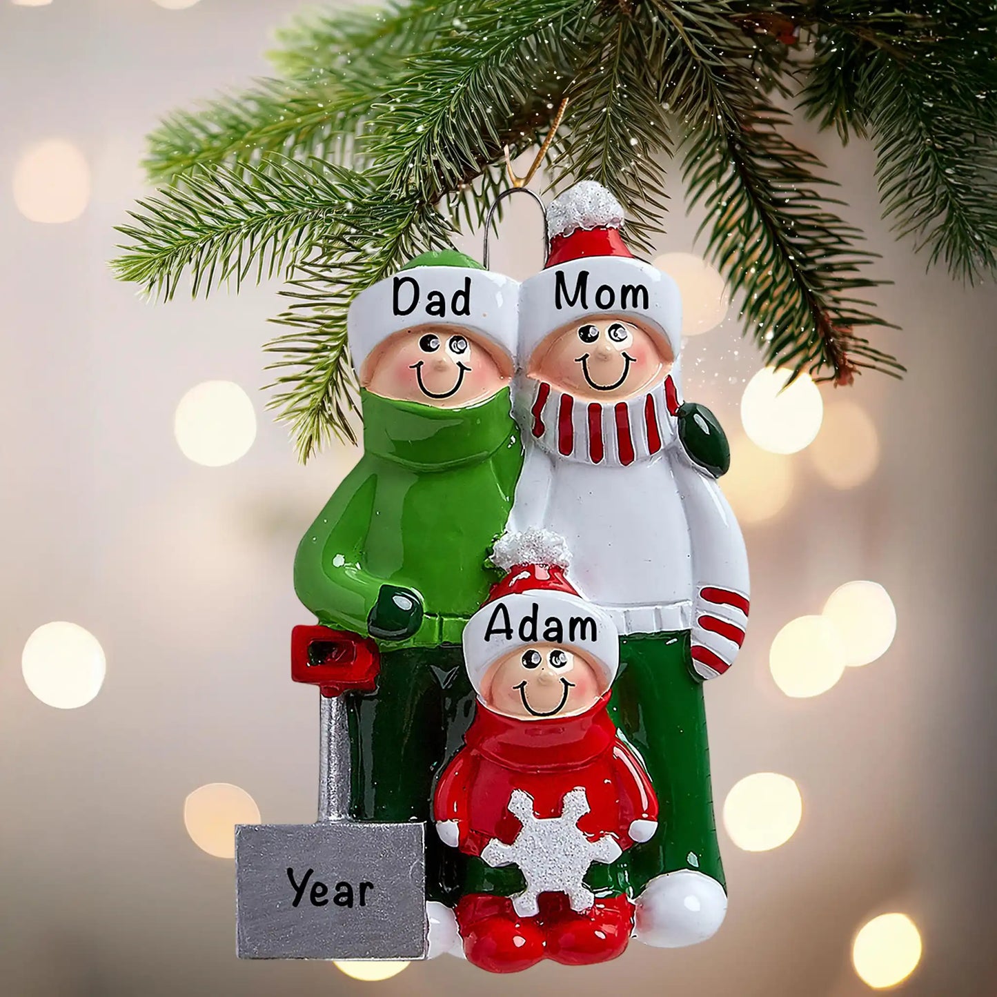 Adorno personalizado de familia de 3 palas de nieve 
