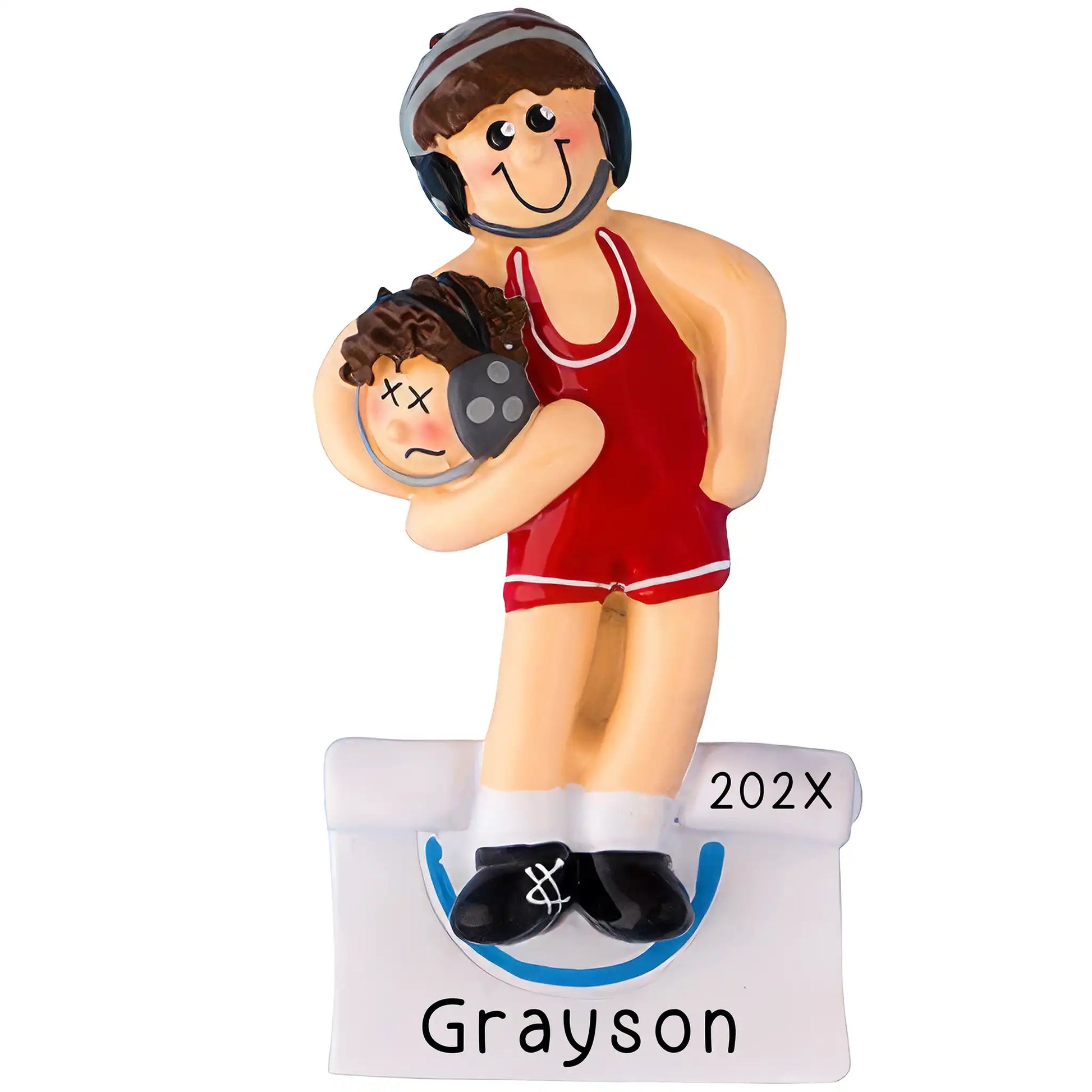 Personalized wrestling Christmas ornament with male wrestler in red singlet and headgear on white mat, customizable with name and year