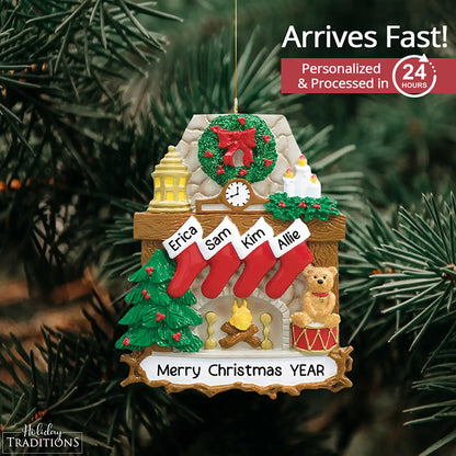 Adorno navideño de familia de 4 con chimenea 