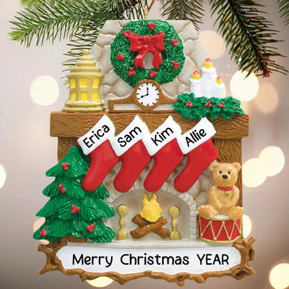 Adorno navideño de familia de 4 con chimenea 