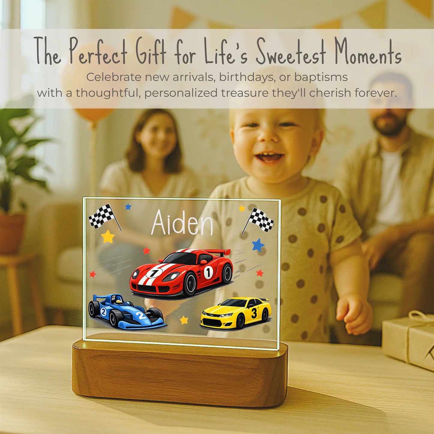 Personalized boys race car night light displayed at birthday celebration, custom name Aiden laser engraved on acrylic plate, gift for toddler boys who love race cars, ships within 24 hours