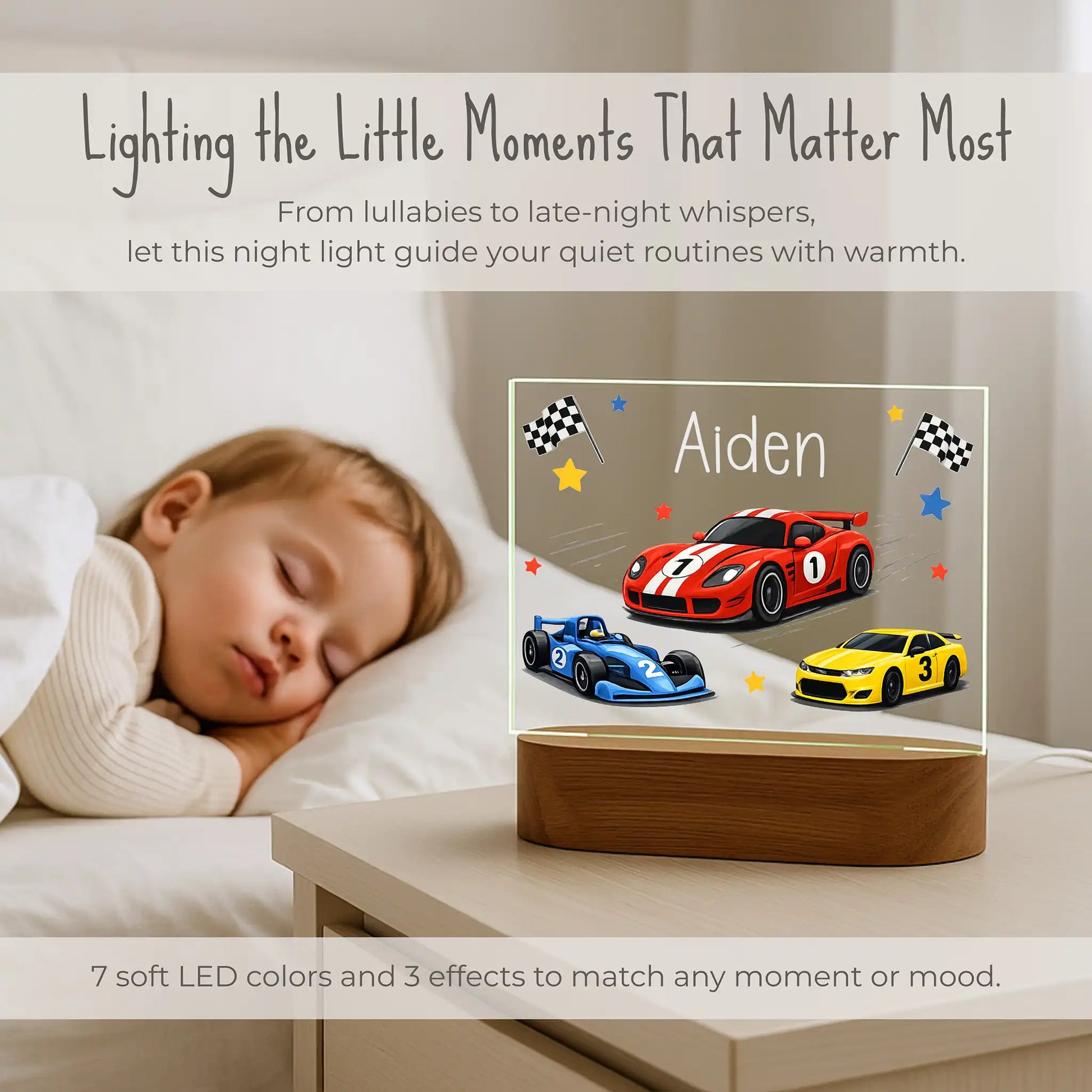 Personalized race car night light on nightstand beside sleeping child, 7 soft LED colors and 3 effects, custom name Aiden laser engraved on NASCAR F1 sport car race scene