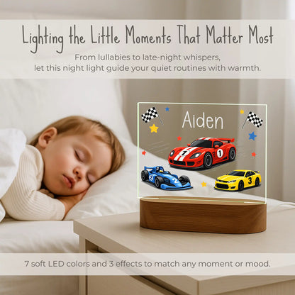 Personalized race car night light on nightstand beside sleeping child, 7 soft LED colors and 3 effects, custom name Aiden laser engraved on NASCAR F1 sport car race scene