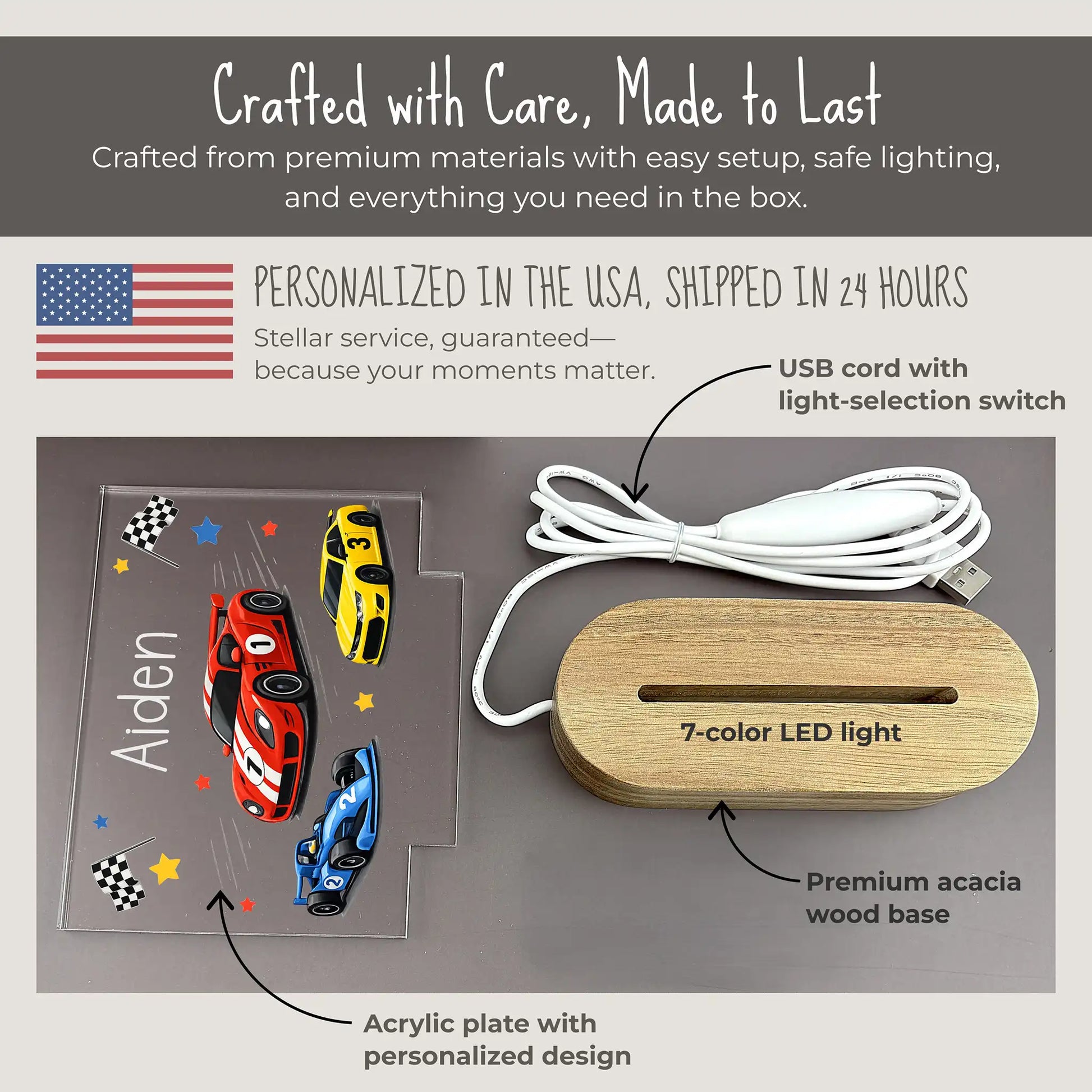 Personalized race car night light components showing UV printed acrylic plate with laser engraved name Aiden and three race car design, premium acacia wood base with 7-color LED, and USB cord with light-selection switch