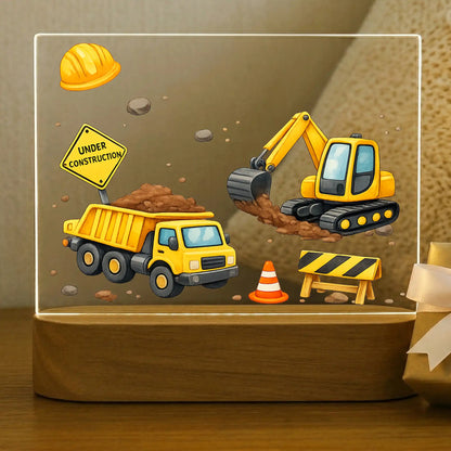Blank personalized construction night light acrylic plate with dump truck excavator hard hat traffic cone and Under Construction sign, UV printed kids room decor
