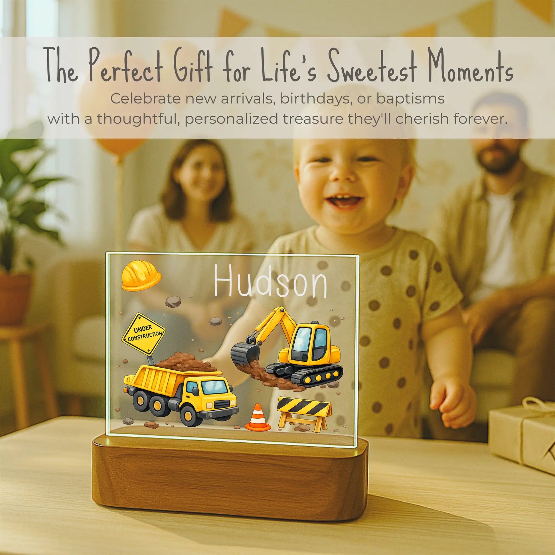 Personalized construction truck night light displayed at birthday celebration, custom name on acrylic plate, gift for toddler boys, ships within 24 hours